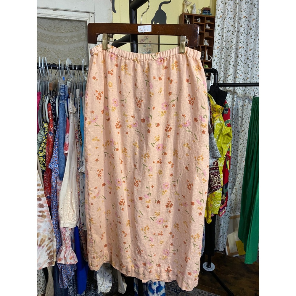 Kiko Peach Floral 100% Linen Button Front Midi Skirt Womens Medium Cottagecore